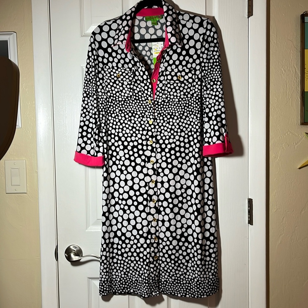 Island Republic NWT women’s black white polkadot dress midi pink gold buttons M